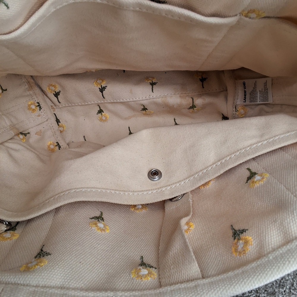 Lands' End Cream Canvas Tote with Yellow Flower Embroidery and Brown Trim - Picture 7 of 8